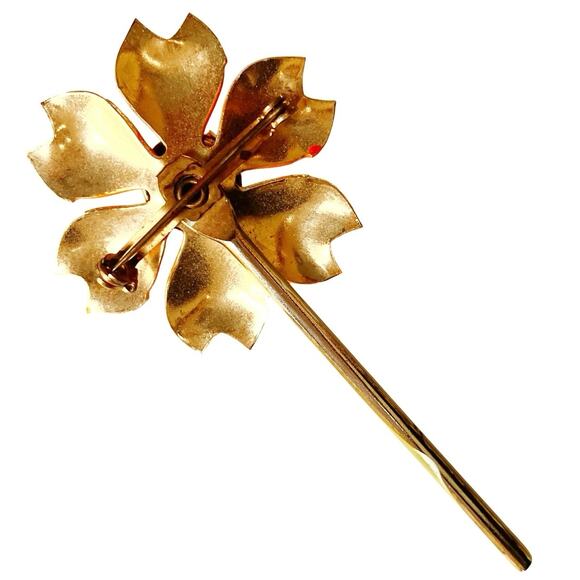 VTG 1960s Brooch Enamel Flower Orange Chartreuse Long Stem Mod Jewelry - Picture 8 of 10